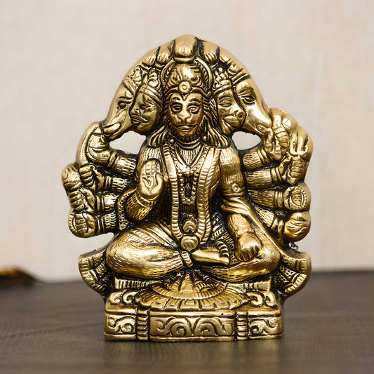 eCraftIndia Golden Panch Mukhi Hanuman Metal Decorative Showpiece